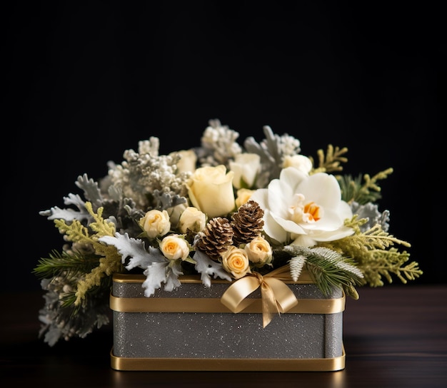 Weihnachtsschachtel mit Blumenarrangement mit Tanne und Rosen Generative AIxA