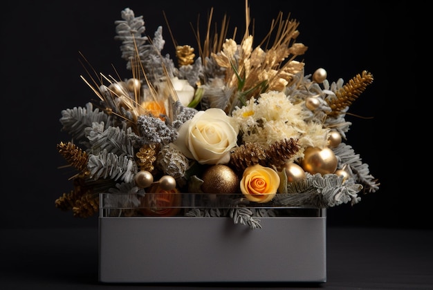 Weihnachtsschachtel mit Blumenarrangement mit Tanne und Rosen Generative AIxA