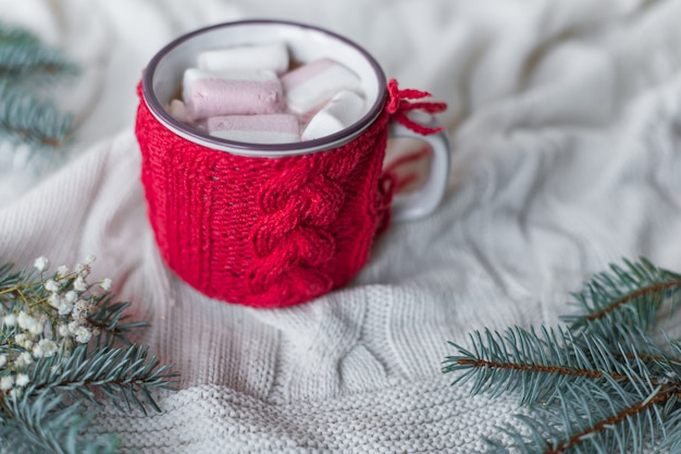 Weihnachtsschale mit heißer Schokolade und Eibische mit Tannenzweigen