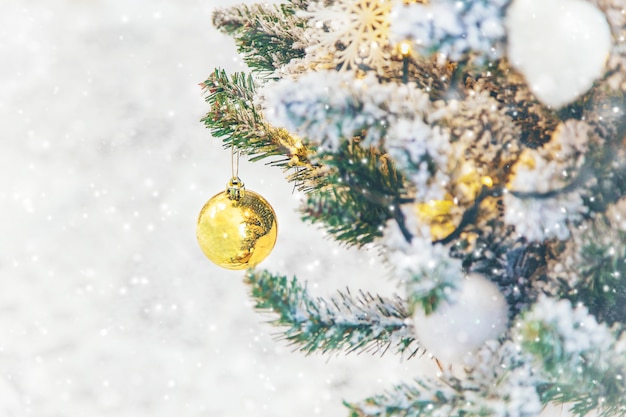 Weihnachtsschmuck auf dem Baum. Urlaub. Tiefenschärfe.