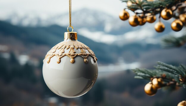 Foto weihnachtsschmuck auf einer schneebedeckten tanne, erzeugt durch ki