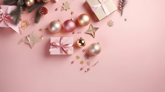 Weihnachtsschmuck auf rosa Hintergrund