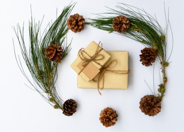 Weihnachtsschmuck braune Geschenkbox und Tannenzapfen frischer grüner Zweig auf weißem Hintergrund, flache Lage