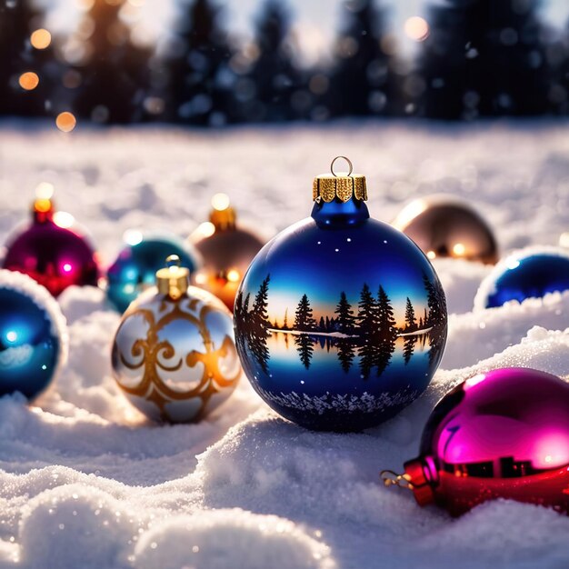 Weihnachtsschmuck dekorierte Glaskugeln im Schnee im Freien traditionelle saisonale Feriendekorationen