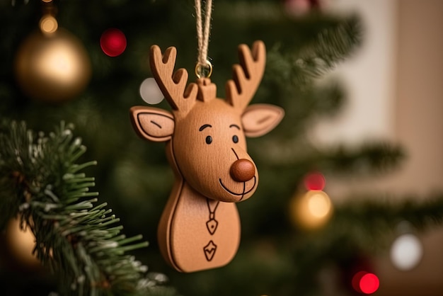 Foto weihnachtsschmuck, der einen hölzernen hirsch in der nahaufnahme darstellt, der an einem kiefer hängt