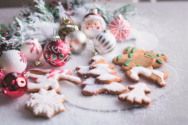 Weihnachtsschmuck und Lebkuchen mit Schnee