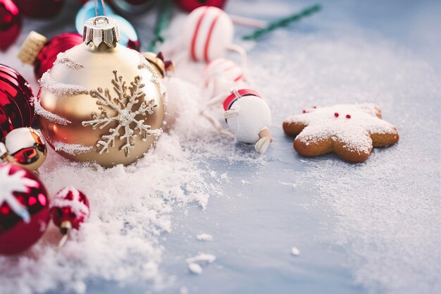 Weihnachtsschmuck und Lebkuchen mit Schnee
