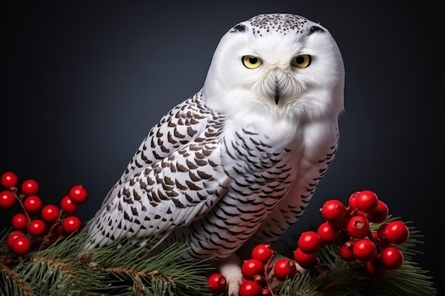 Weihnachtsschneeeule thront auf einem Tannenzweig mit Zuckerstange isoliert auf einem Hintergrund mit Farbverlauf