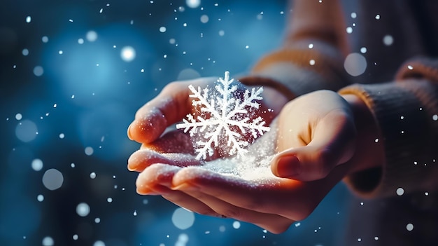 Weihnachtsschneeflocke auf blauem Hintergrund in der Hand halten Winter und schneebedecktes Konzept