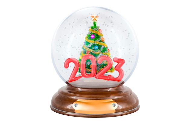 Weihnachtsschneekugel 2023 mit Weihnachtsbaum im 3D-Rendering