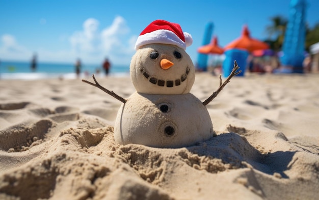 Weihnachtsschneemann an einem sonnigen Strand Urlaubskonzept für Neujahrskarten