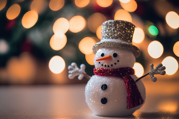 Weihnachtsschneemann auf einem Tisch mit Bokeh-Beleuchtung im Hintergrund