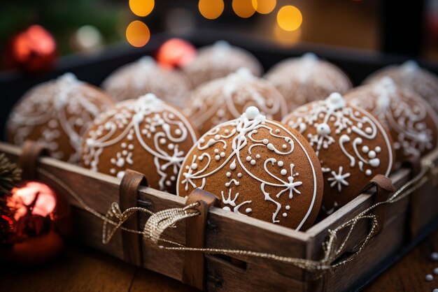 Foto weihnachtsselbstgemachte lebkuchenplätzchen in einem korb