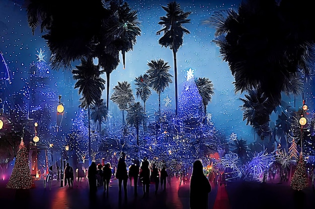 Weihnachtsshow auf den Straßen von Los Angeles. Mehrfarbige Lichterketten im Cartoon-Stil für Christus