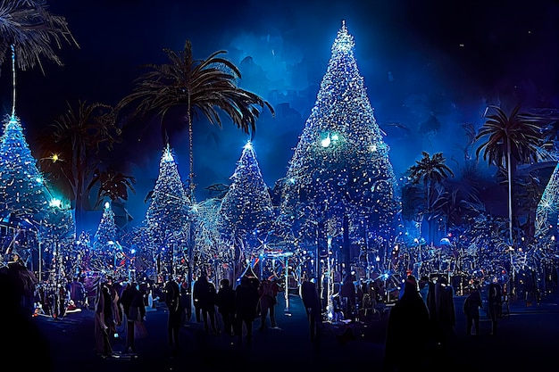 Weihnachtsshow auf den Straßen von Los Angeles. Mehrfarbige Lichterketten im Cartoon-Stil für Christus