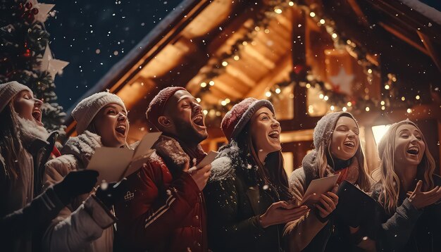 Foto weihnachtssingen in der nähe der kirche am silvesterabend