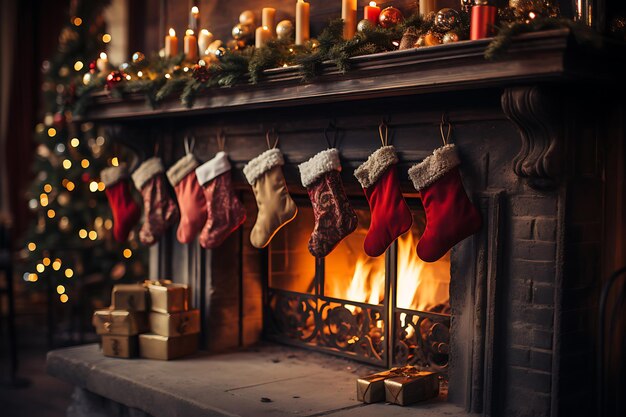 Weihnachtssocken mit Geschenken auf dem Kamin im Wohnzimmer, die von KI generiert wurden