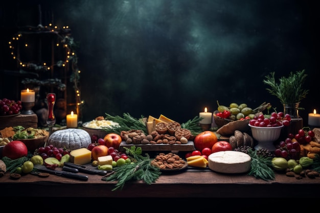 Weihnachtssortiment an Käse, Früchten, Nüssen, Vorspeisen, weihnachtliche Tischdekoration, Snack-Arrangements