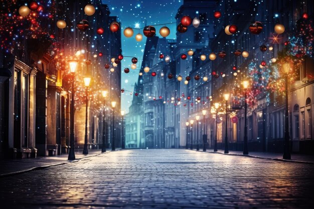 Foto weihnachtsstadtstraße mit schnee und bäumen, die mit girlandelichtern geschmückt sind