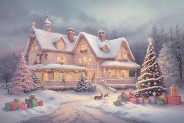 Weihnachtsstil Schönes Haus auf dem Hintergrund von Weihnachtenbäumen und Geschenken im Schnee ai generativ