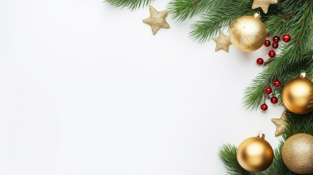 Weihnachtsstil-Vorlage, weißer Hintergrund, Tannenzweige, Weihnachtskugeln, Kopierraum