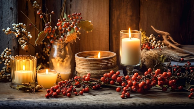 Weihnachtsstillleben mit brennenden Kerzen und Beeren