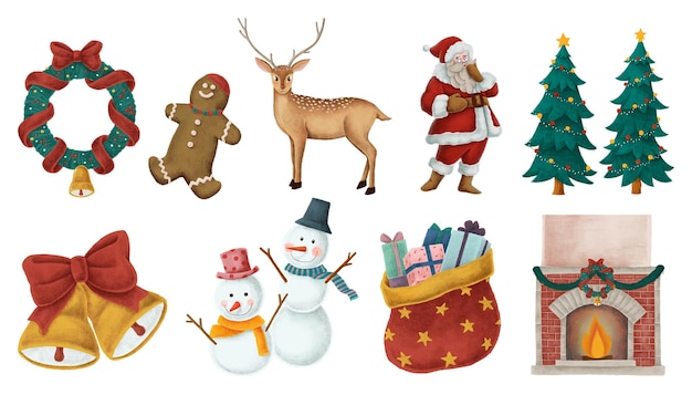 Weihnachtsstimmung, festliche Feiertage, PNG-Aufkleber, handgezeichnetes Set