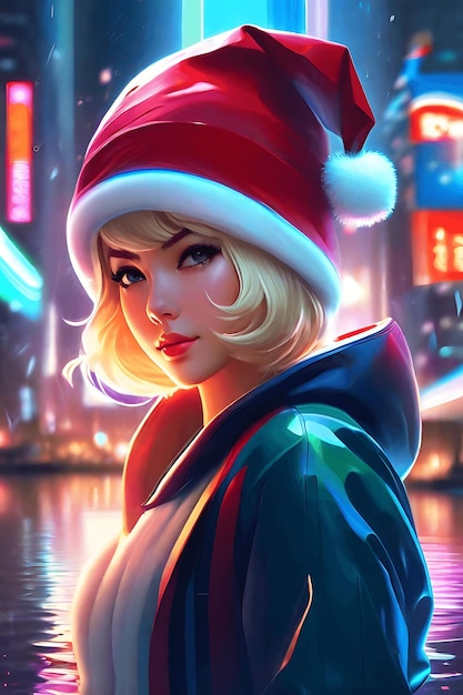 Weihnachtsstimmung von Korean Beauty in Tokio mit Weihnachtsmannmütze und blondem Bob