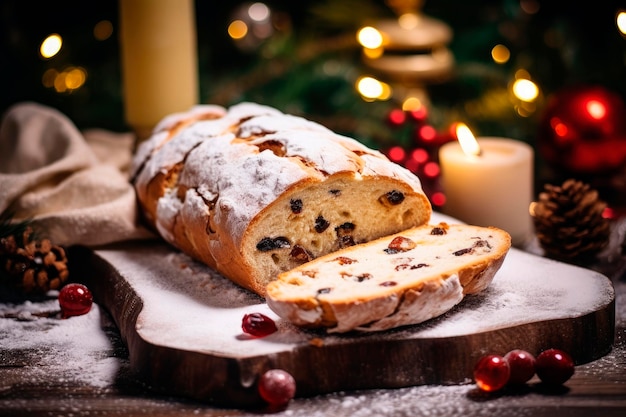 Weihnachtsstollen Traditionelles deutsches Weihnachtsdessert auf Holzhintergrund