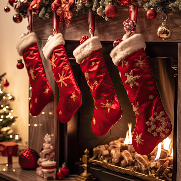 Foto weihnachtsstrümpfe mit kamin im festzimmer interieur xmas-tag illustration