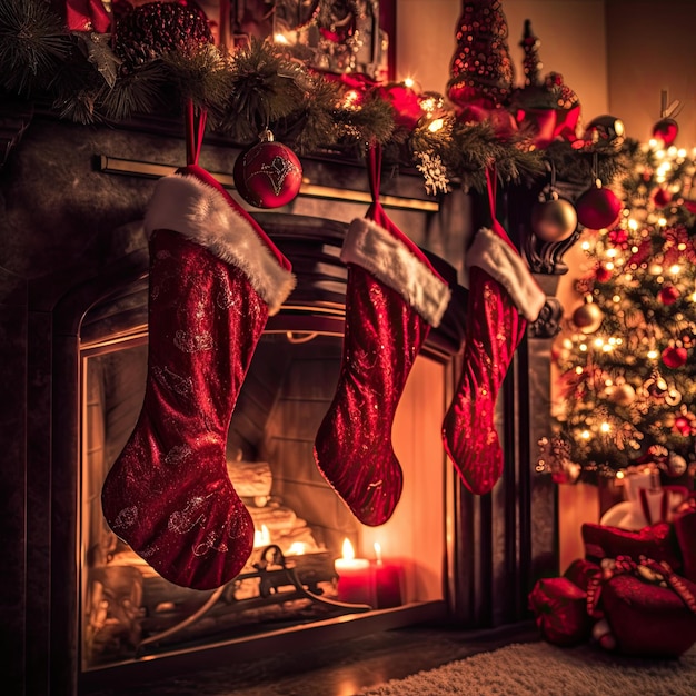 Foto weihnachtsstrümpfe mit kamin im festzimmer interieur xmas-tag illustration