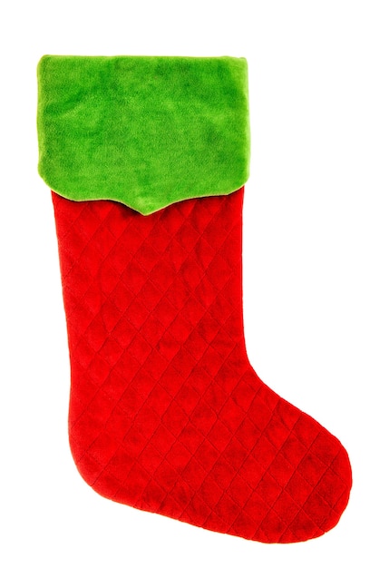 Weihnachtsstrumpf. Rote grüne Socke lokalisiert auf weißem Hintergrund. Symbol für Winterferien