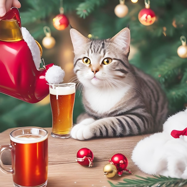 Weihnachtssüße Katze, die Bier isst, Katze trinkt Wein im Holztisch, Weihnachtsmütze auf dem Kopf der Katze