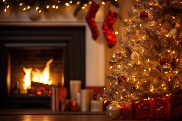 Weihnachtsszene am Kamin mit Bokeh-Beleuchtung, verschwommene Feiertagskulisse, festliche Wohnatmosphäre