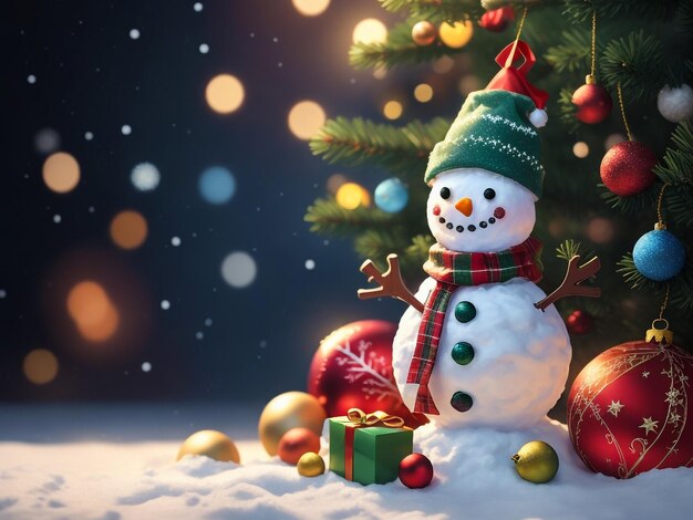 Weihnachtsszene mit einem niedlichen Schneemann Freier Platz für Text auf der rechten Seite Snoblicht und Bokeh in Bac