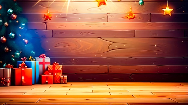 Weihnachtsszene mit Geschenken auf dem Holzboden und Sternen, die an der Decke hängen
