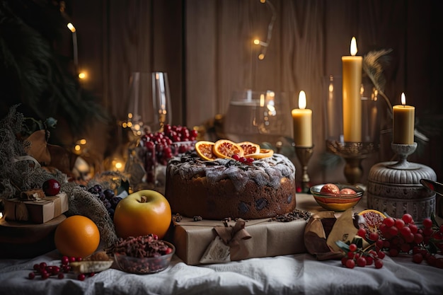 Weihnachtsszene mit Obstkuchen, umgeben von Geschenken und Dekorationen, die mit generativer KI erstellt wurden