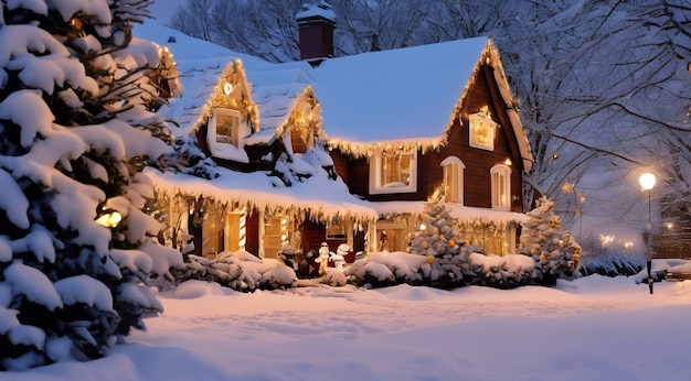 Weihnachtsszene mit weihnachtsdekorationen schnee auf den häusern weihnachtliche lichter weihnachtenbaum