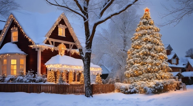 Weihnachtsszene mit weihnachtsdekorationen schnee auf den häusern weihnachtliche lichter weihnachtenbaum