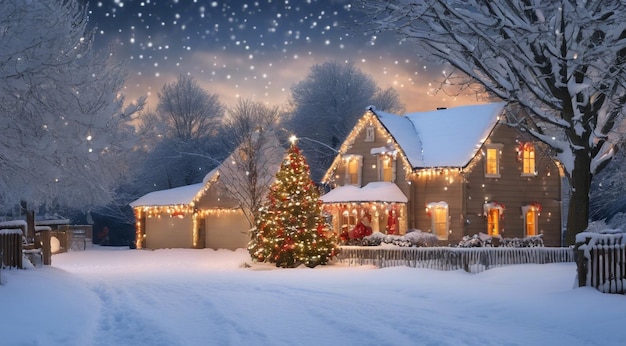 Weihnachtsszene mit weihnachtsdekorationen schnee auf den häusern weihnachtliche lichter weihnachtenbaum
