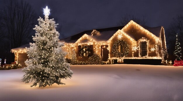 Weihnachtsszene mit weihnachtsdekorationen schnee auf den häusern weihnachtliche lichter weihnachtenbaum