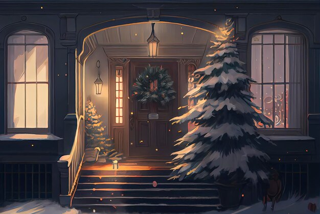 Weihnachtsszenenillustration im Freien eines Weihnachtshauses mit Schnee