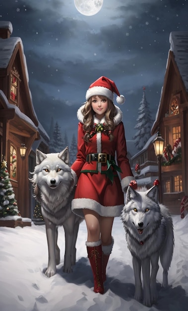 Weihnachtstag-Mädchen-Wolf-Schnee