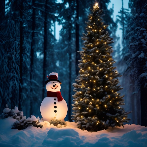 Weihnachtstag Weihnachtsbaumschmuck Geschenke Sternkugel Farbe Schneemann Hintergrund Nahaufnahme in einem schneebedeckten Kiefernwald Abendbeleuchtung Illustrationskunst