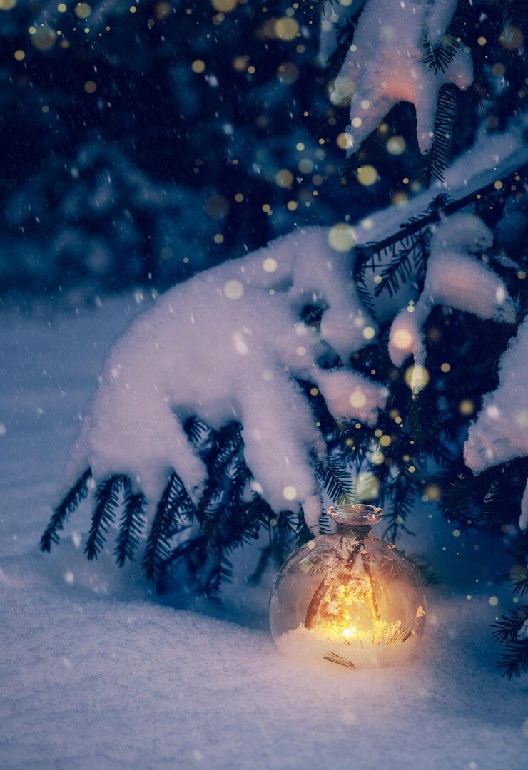 Foto weihnachtstaschenlampe unter dem baum im wald. verschneiter wald an heiligabend