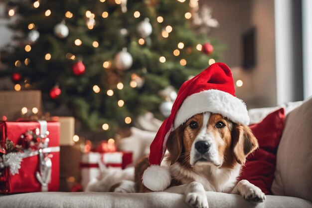 Weihnachtsthema Hund trägt einen Weihnachtmütze-Hut mit Weihnachtendekorationen im Hintergrund