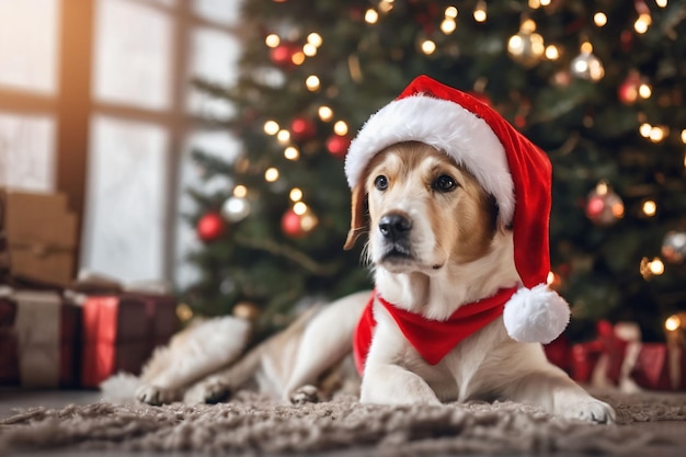 Weihnachtsthema Hund trägt einen Weihnachtmütze-Hut mit Weihnachtendekorationen im Hintergrund