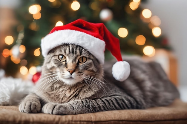 Weihnachtsthema Katze mit Weihnachtsmütze und Weihnachtsdekoration im Hintergrund