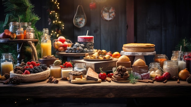 Weihnachtstisch mit Obst und Käse Frohe Weihnachten