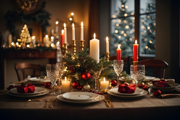 Weihnachtstischdekoration bei Kerzenschein